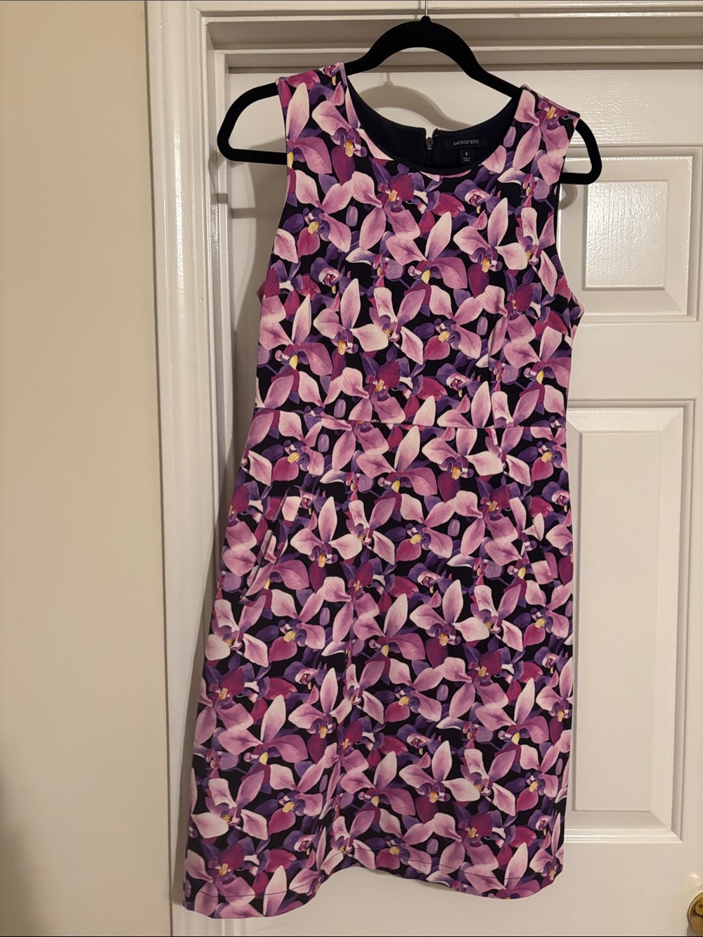 Lands' End Purple Floral Sleeveless Shift Dress with pockets